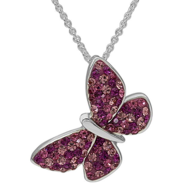 Brilliance Fine Jewelry Pink Crystal Fine Silver Tone Butterfly Pendant With Chain Walmart Com Walmart Com