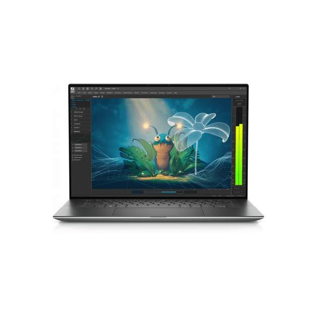 laptop dell precision 5570 intel core i5-12600h 2.70ghz 16gb 512gb ssd nvidia rtx a1000 6gb windows 11 pro 64-bit español, negro Vista frontal centrada de la laptop Dell Precision 5570 plateada con pantalla abierta que muestra software de creación digital, teclado de perfil bajo, chasis metálico cepillado y biseles delgados; también suele utilizarse como estación móvil para edición y renderización ligera.
