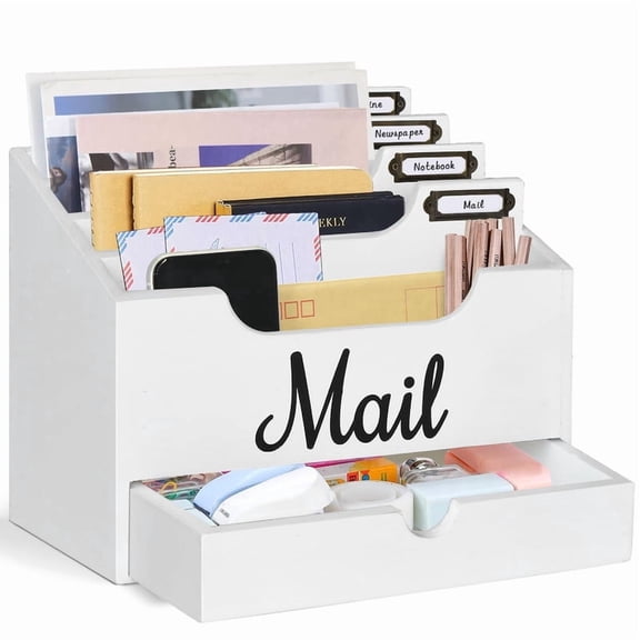 Desktop Mail Organizer With Drawer, White Wood Mail Holder Sorter Organizer Holder, Countertop Desk Office Accessories Organizer For File Letter Paper Folder, Desktop Organizer