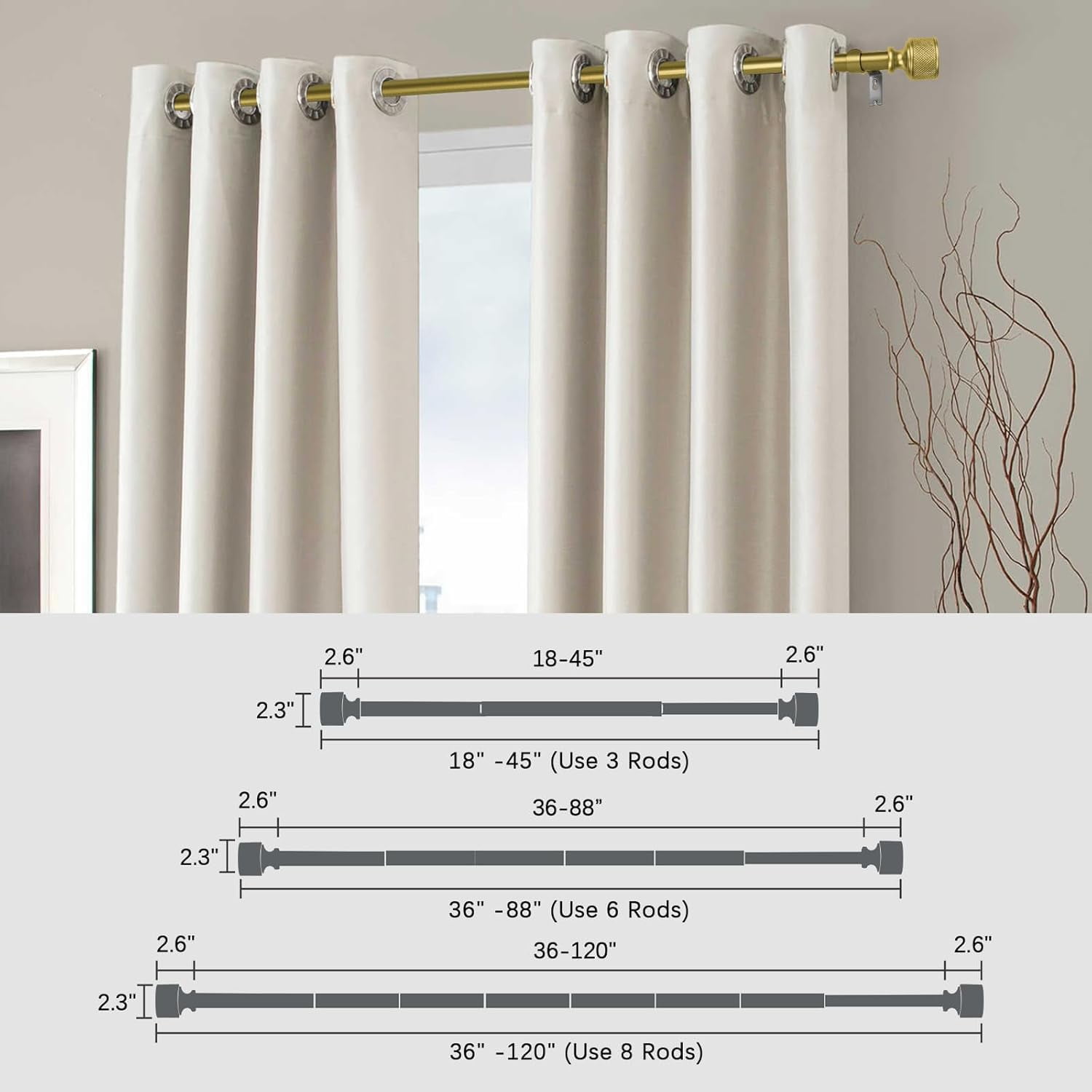 Curtain Rods for Windows 18 to 37 Inch, 1 Inch Diameter Modern Adjustable Decorative Drapery Rods, Window Curtain Rod with Dumbbell Design Finials, Black with Gold edge Finishing, Size:18"-45"
