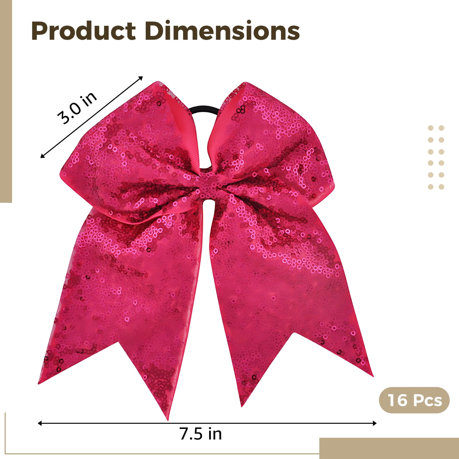16 Pcs Hot Pink Glitter Cheer Bows, 7.5 Inch Large Sequins Ponytail Holders for Cheerleading, Sports, Dance, Elastic Hair Ties for Women and Ladies