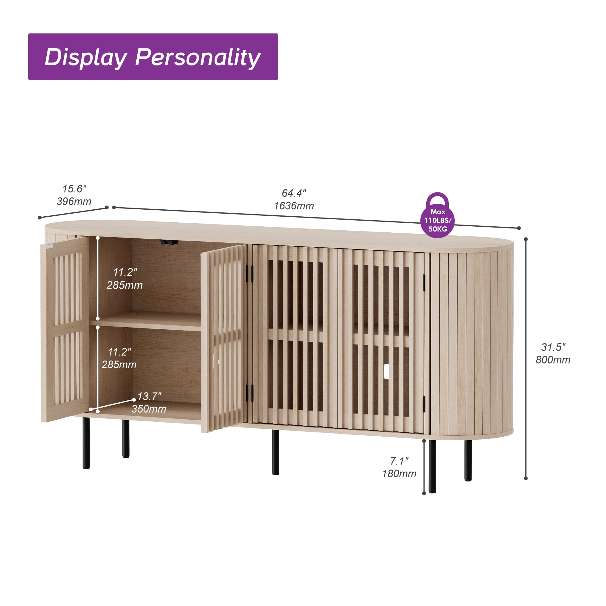 WAMPAT Modern Sideboard Buffet Cabinet with Storage, Wooden Accent Storage Cabinet with 4 Fluted Doors, Credenza with Curved Design for Dining Room, Living Room, Kitchen, Natural