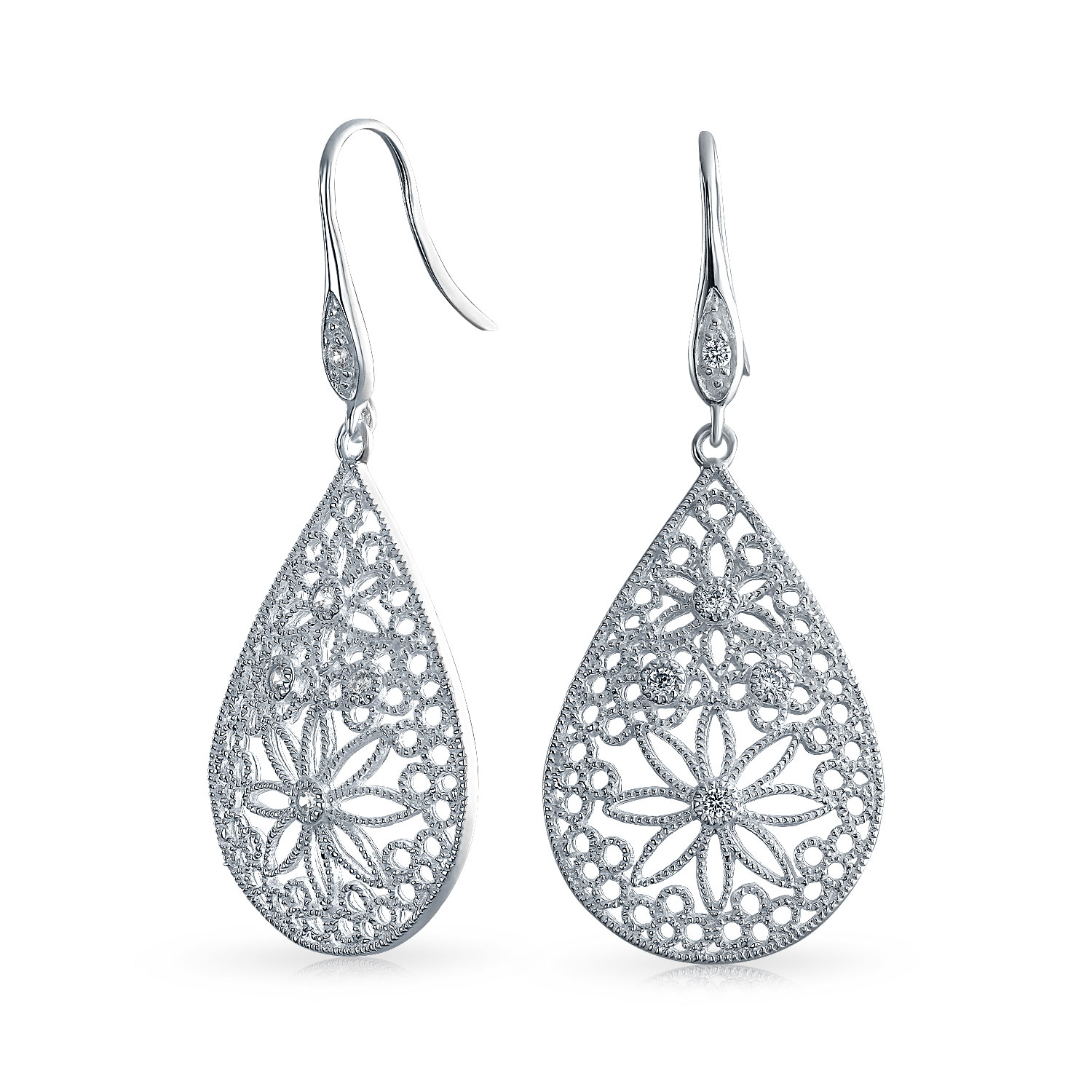 925 Sterling Silver Filigree Dangle Floral Earrings