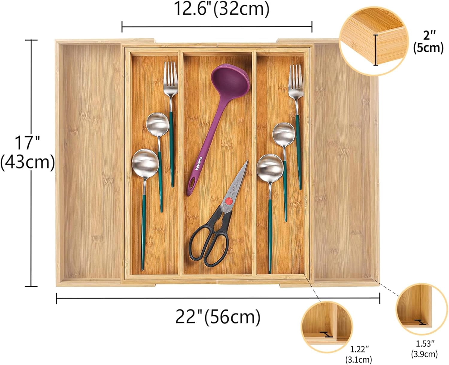 Bamboo Expandable Kitchen Drawer Organizer, Adjustable Utensil Holder and Cutlery Tray Organiser, Divider for Silverware, Flatware, Knives in Kitchen, Bedroom, Living Room, 5 Slot