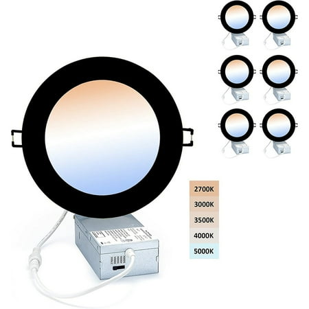 

Led-Canless Downlight 6 Inch Recessed Lighting - 5 Cct Ultra-thin Adjustable Ceiling Light with Junction Box 12W Selectable Color Temperature 2700-5000K Dimmable Pack of 6 Black.
