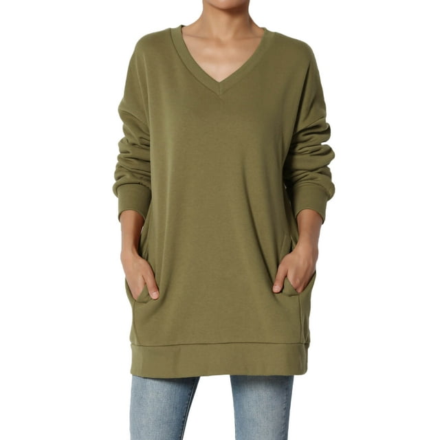 TheMogan Women's S~3X Oversized V-Neck Long Sleeve Pocket Fleece Sweatshirts