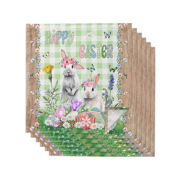 Easter Cloth Napkins Set of 6 Reusable Dinner Napkins, Spring Rabbit Botanical Flowers Eggs Plaid Cocktail Napkin Washable Table Napkins for Wedding/Holiday Party/Baby Shower 20"x20"