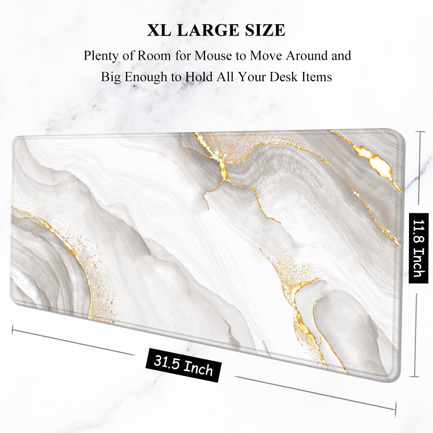 Large Mouse Pad, XXL Gaming Mousepad, Desk Mat for Desktop, Thick Rubber, Big & Long Size, Stitched Edges, Full Desk Pad for Laptop & Computer, Extended 31.5 x 11.8 in, Gold Gray Marble