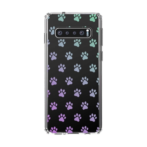 DistinctInk Clear Shockproof Hybrid Case for Samsung Galaxy S10  PLUS(6.4" Screen) - TPU Bumper, Acrylic Back, Tempered Glass Screen Protector - Graident Pawprints - Purple to Green