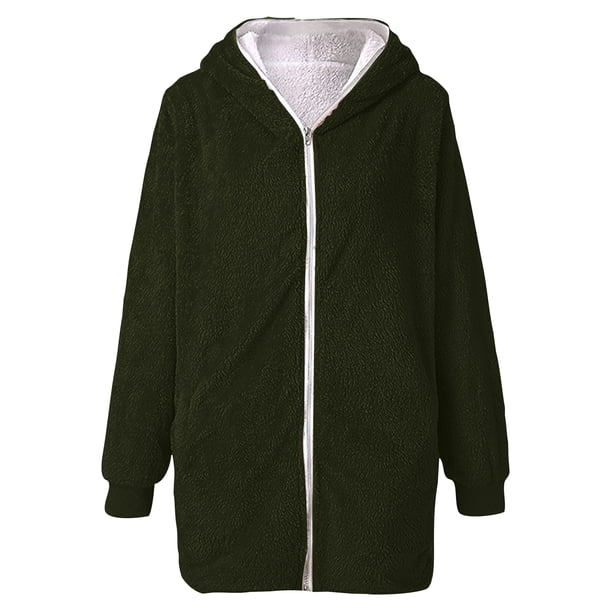 Oucaili Chaquetas de lana con cremallera para mujer, abrigo informal con capucha, chaquetas esponjosas informales cálidas de invierno de talla grande, prendas de vestir