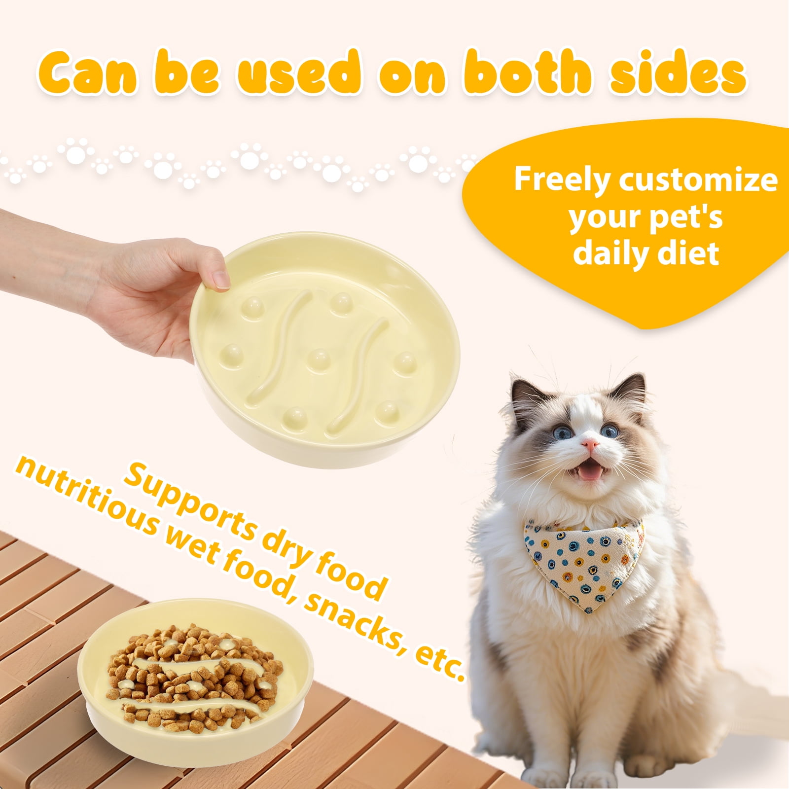 2 Pcs Cat Slow Feeder Bowl Smooth Ceramic Cat Food Bowl Slow Feeder with Nonslip Bottom，Keeps Pets Busy and Prevents Puppy Overeating