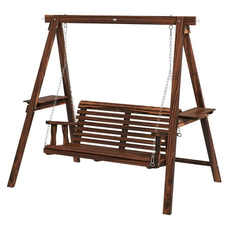 Outdoor Swing Bench for 2 Adults - Fir Wood Garden Swing with Tables - Weathered Patio Loveseat - A-Frame Swing Chair - 726 lbs Capacity