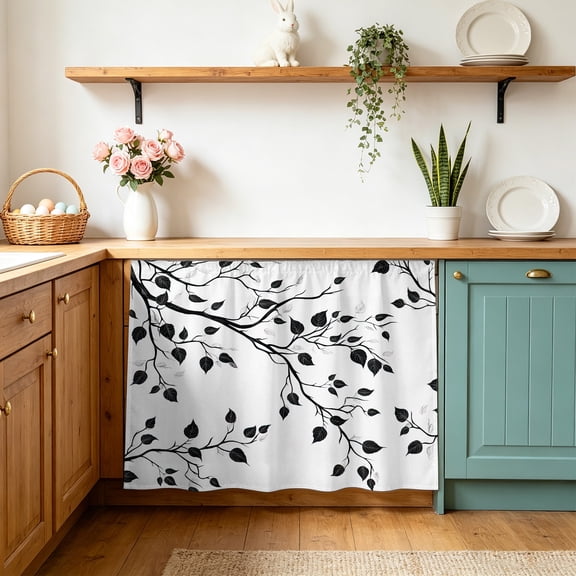 Black Botanical Cabinet Curtain 28"Wx35"L, Dustproof Under Sink Skirt with Self Adhesive Tape, Watercolor Summer Botanical Cabinet Curtain Cover for Bathroom Vanity, Kitchen Sink, Laundry Room