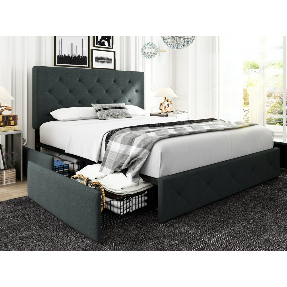 NextFur Queen Platform Bed Frame with 4 Drawers Storage and Headboard