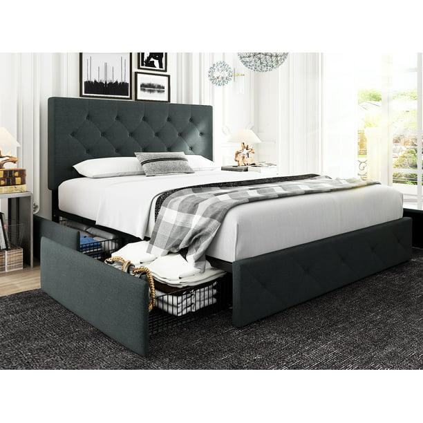 Nextfur Queen Platform Bed Frame With 4, Queen Platform Bed With Headboard And Drawers