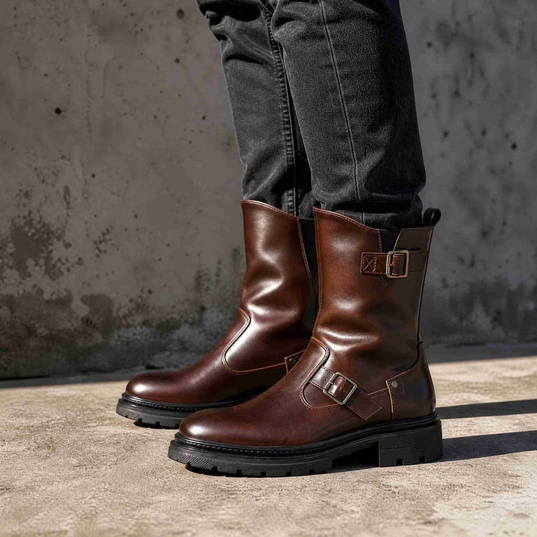 Vintage Engineer Biker Boots for Men, Side Zipper Thick Platform