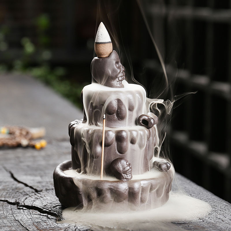 Cake Skull Backflow Incense Burner Skull Cake Incense Stick Holder Flow Censer Skull Cake Incense Stick Organizer Flowing Waterfall Incense Burner for Home Office Decors