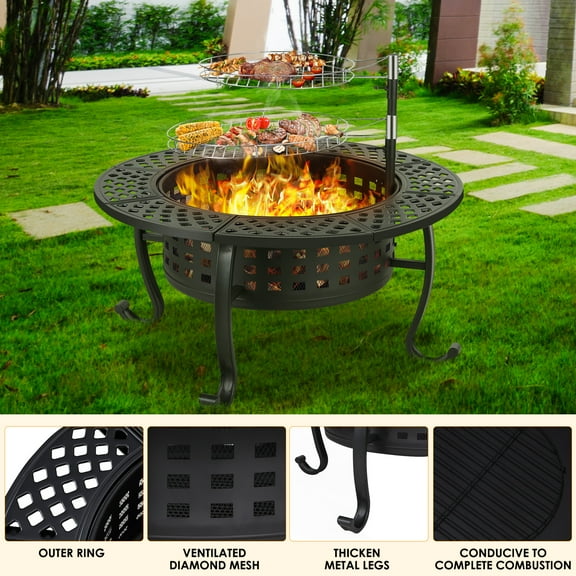 Arlopu Metal Fire Pit for Outside, 37'' Round Fire Pit Patio Wood Burning Fire Pit Table with Cooking BBQ Grills & Lid for Outdoor Camping Picnic Bonfire Party