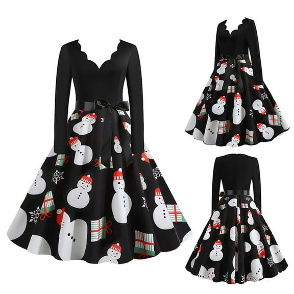 Woman Christmas Dresses Christmas Pleated Dress Long Sleeve V-Neck Dress Christmas Print Christmas Dress with Tie At Waist
