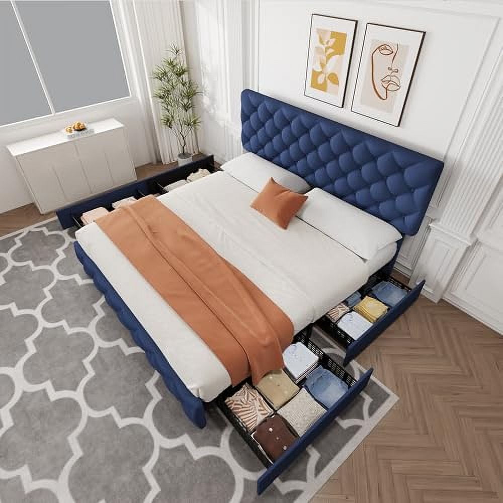 2025 New Queen Size Bed Frame with 4 Storage Drawers, Faux Leather Upholstered Platform Bed Frame with Adjustable Headboard, Diamond Stitched Button Tufted, No Box Spring Needed