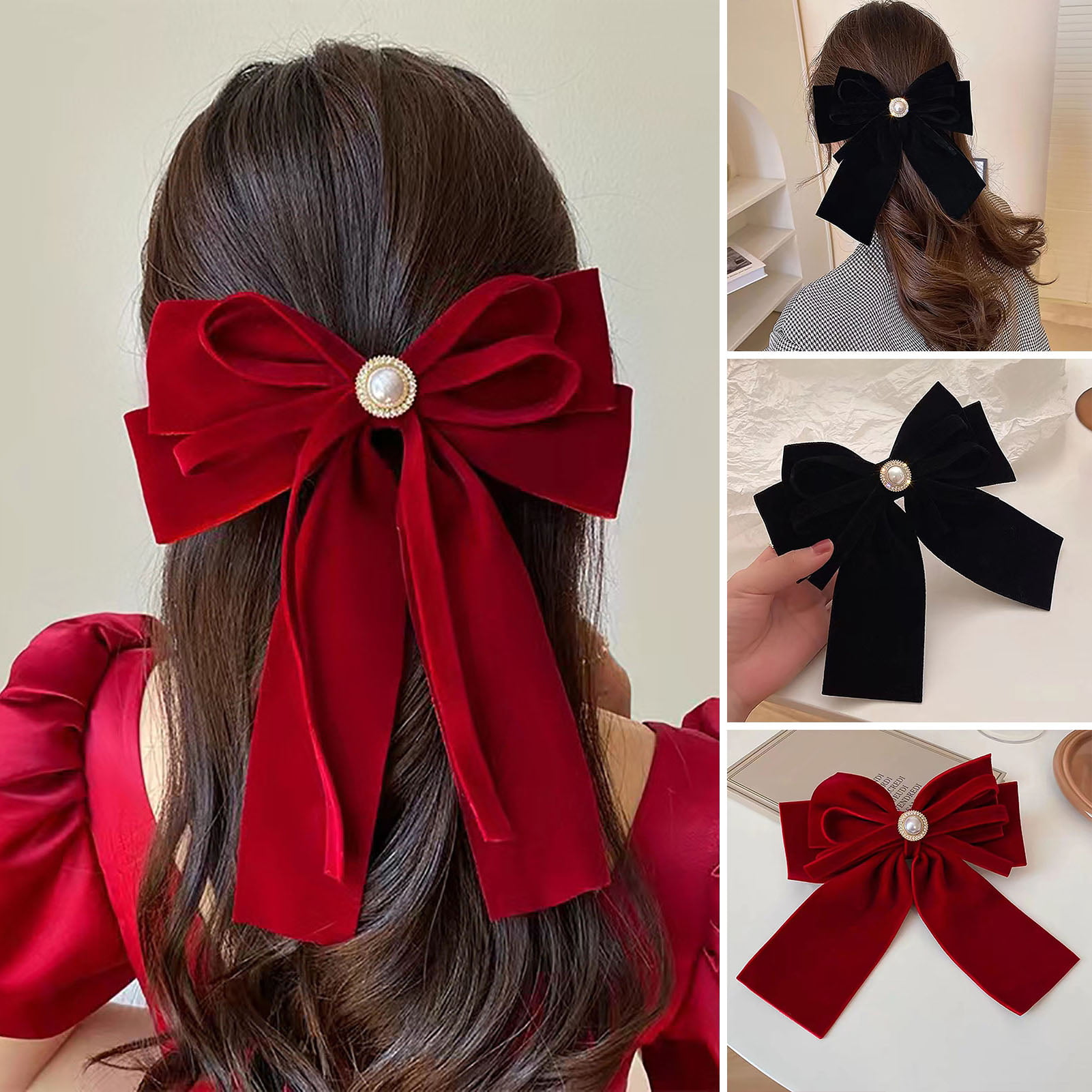 1pc Pearl Hair Bows For Women,Wine Red Ribbon Bow Hair Clips With  Pearl,Elegant Wedding Party Aligator Clips,Hair Ribbons For Girls,Women  Hair Accessories