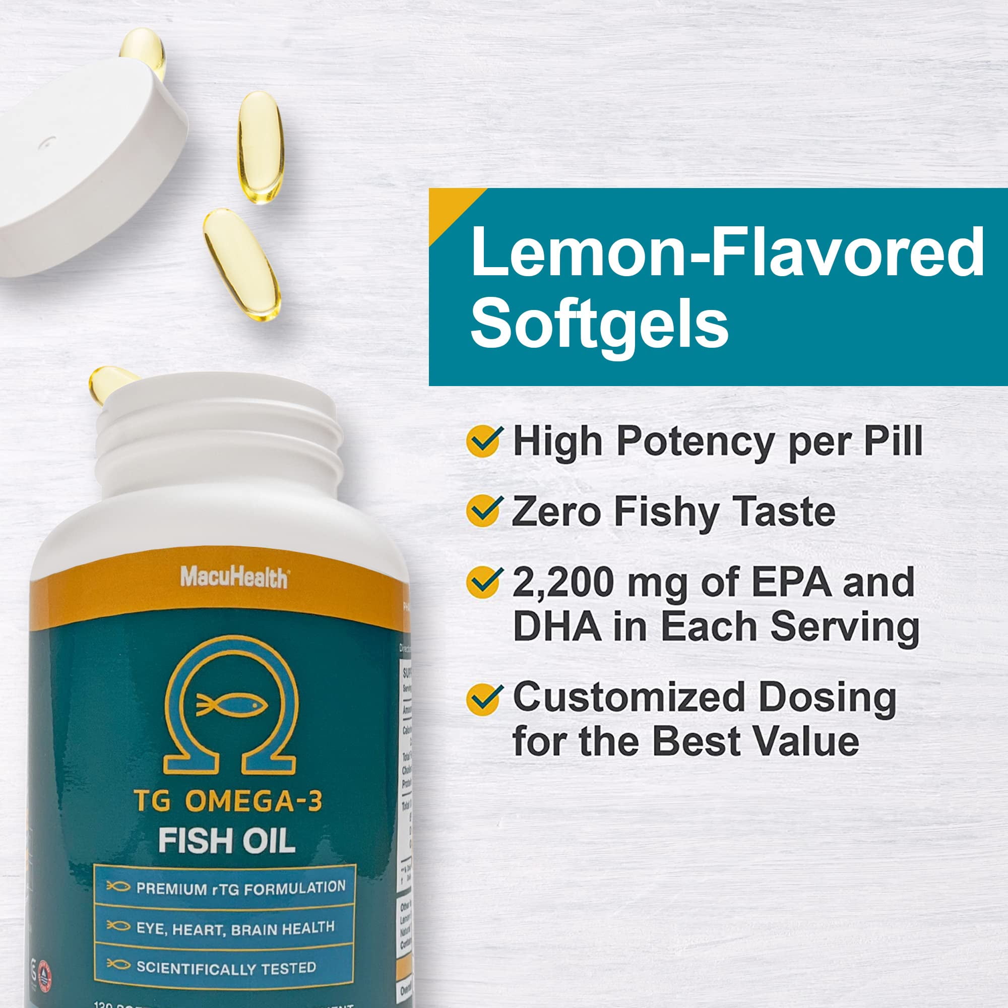 MacuHealth Omega 3 Fish Oil - Eye & Heart Health Supplement with 1100mg DHA, 1100mg EPA - Natural Triglyceride Formula, Gluten-Free - Environmentally Sustainable Resources - 120 Softgels
