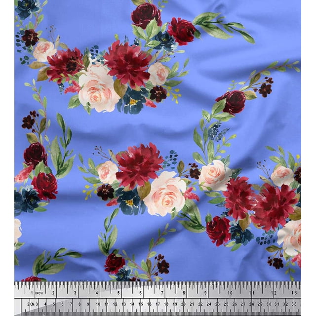 Soimoi Blue Rayon Fabric Ranunculus & Penoy Floral Print Printed Fabric 1 Yard 58 Inch Wide
