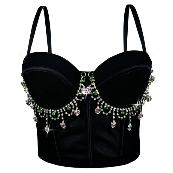Nfurl Womens Corset Tops Glitter Rhinestone Chain Going Out Corsets Elegant Adjustable Strap Bustier Tops Night Out Festival Party Club Wear Black,M