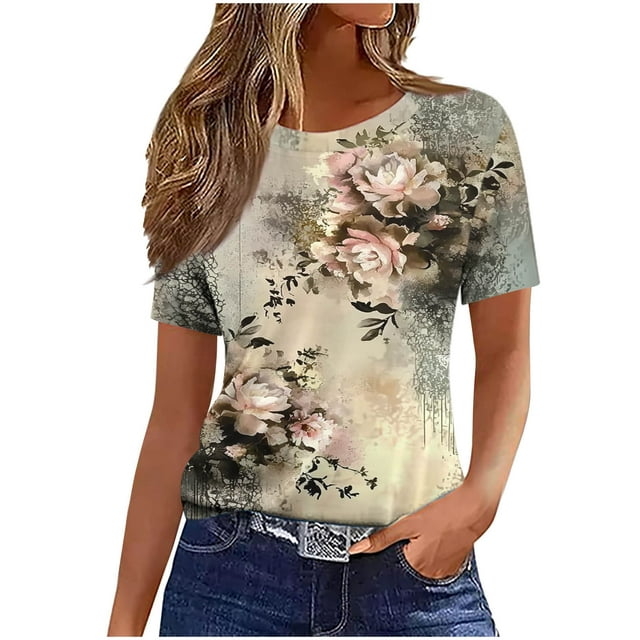 Pisexur Hauts pour Femmes, Hauts de Printemps pour Femmes 2025, Hauts pour Dames, T-shirt Imprimé Décontracté et Tendance pour Femmes avec Col Rond et Manches Courtes Kaki, TG