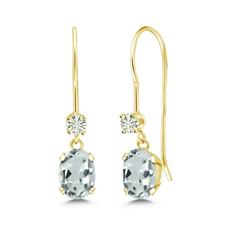 14K Yellow Gold Dangle Earrings Oval Sky Blue Aquamarine and Forever Classic Created Moissanite 0.12ct (DEW) by Charles & Colvard
