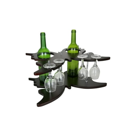 Wine Bodies Butterfly Shaped Wooden 2 Wine Bottles And 4 Glass Holder Display 8 x 7 x 12  Inches