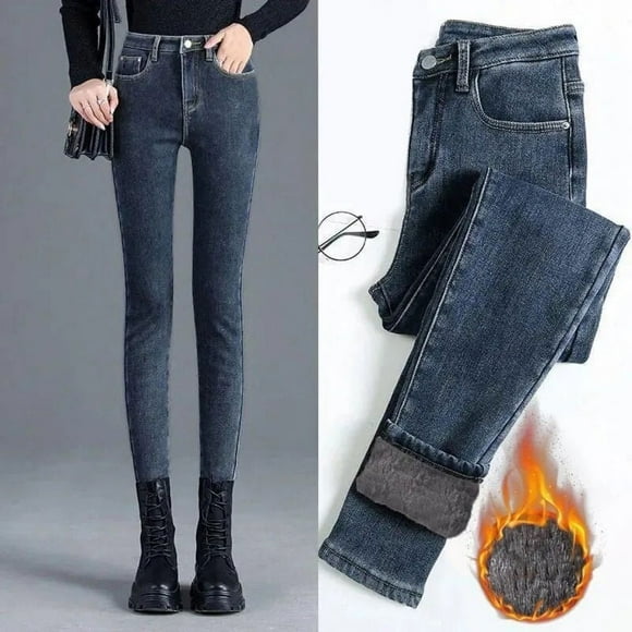 Jeans Skinny Chauds Femme Velours Longueur Cheville Décontracté Épais Pantalon Crayon Basique en Polaire Denim - Épais Bleu Gris / 31