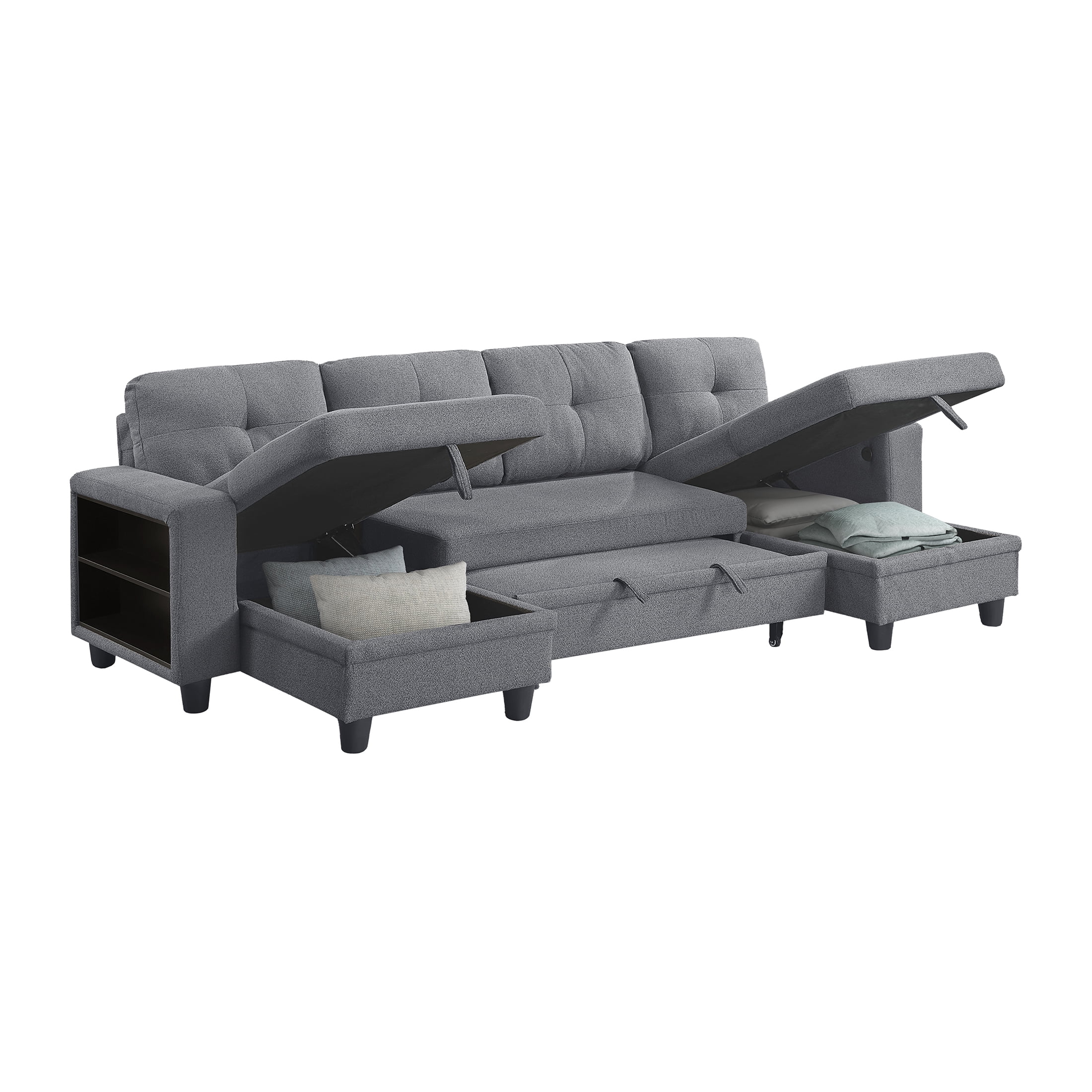 OakvillePark Vessarion Boucle Sectional with Two Chaises, Pull-out Bed, Shelves and Charging Ports, Gray