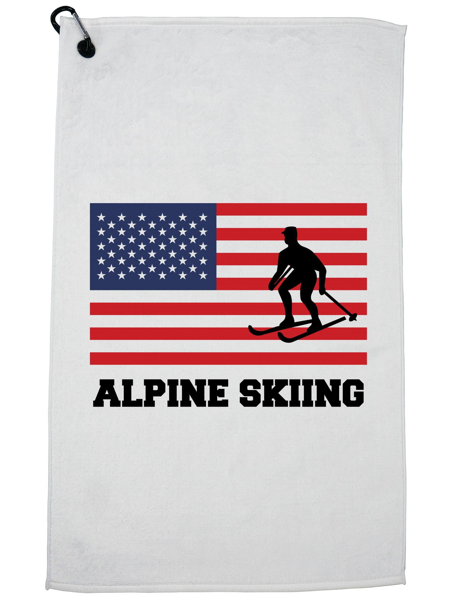 USA Olympic Alpine Skiing Flag Silhouette Golf Towel with Carabiner Clip by Hollywood Thread