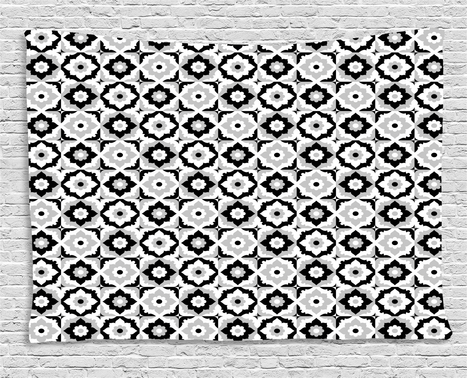 Quatrefoil Tapestry, Black and White Ceramic Tile Design with Floral