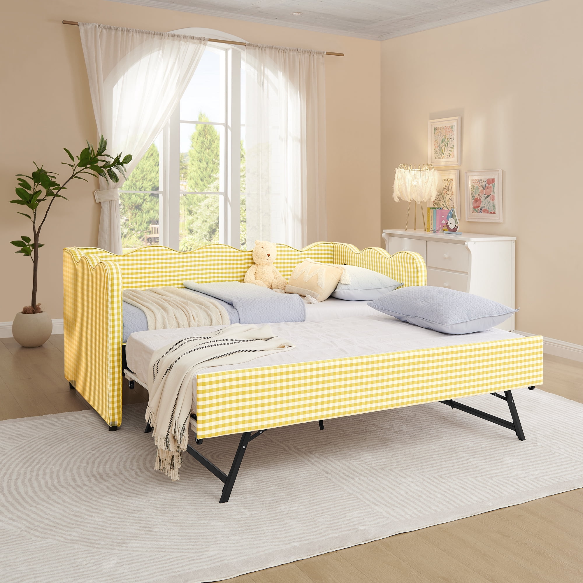 Leumius Twin Size Gingham Daybed with Pop Up Trundle,Modern Linen Daybed with USB Ports and Adorable Wave Shaped,Upholstered Day Bed Fram for Living Room/Bedroom/Guest Room,Yellow