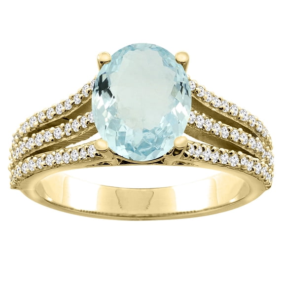 14K Yellow Gold Natural Aquamarine Tri-split Ring Oval 9x7mm Diamond Accents, size 8