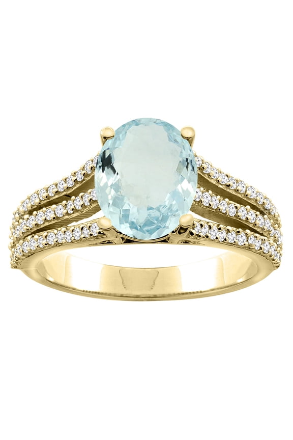 14K Yellow Gold Natural Aquamarine Tri-split Ring Oval 9x7mm Diamond Accents, size 5.5