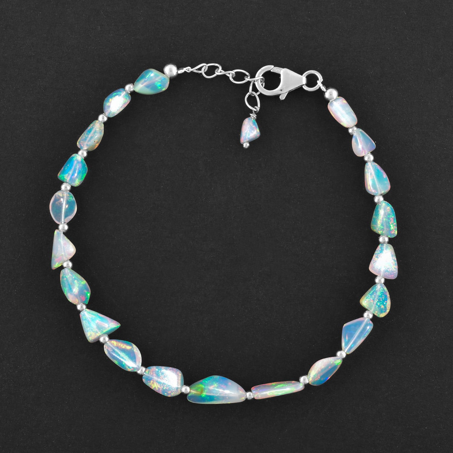 Healing Chakra Crystals Birthstone Jewelry Rhodium Plating 925 Sterling Silver 8 Inchs Gift for Her PrincetonGems Real Turquoise Stone Crystal Beads Bangle Bracelet For Women 