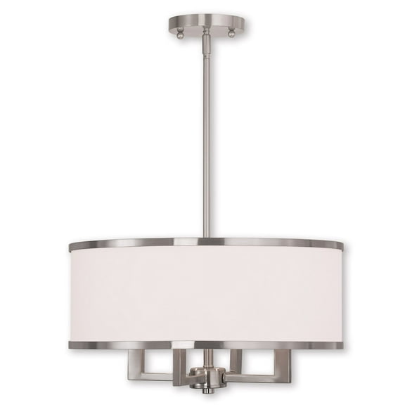 4 Light Brushed Nickel Chandelier with Hand Crafted Off-White Fabric Hardback Shade