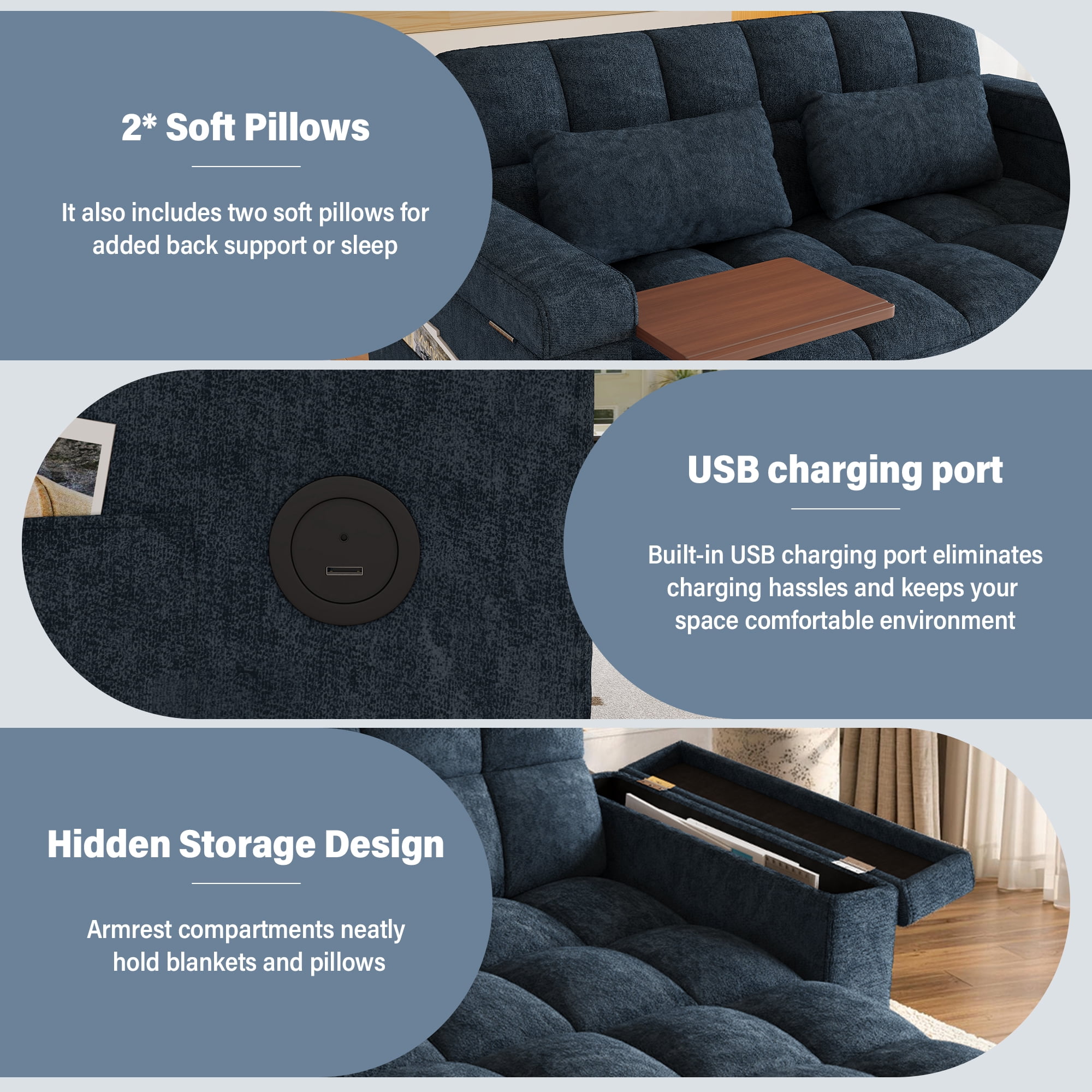 Aukfa 65" 3-in-1 Convertible Sofa Bed with Side Table, Chenille Sleeper Couch with Storage Armrest & 6-Position Adjustable Backrest,Blue