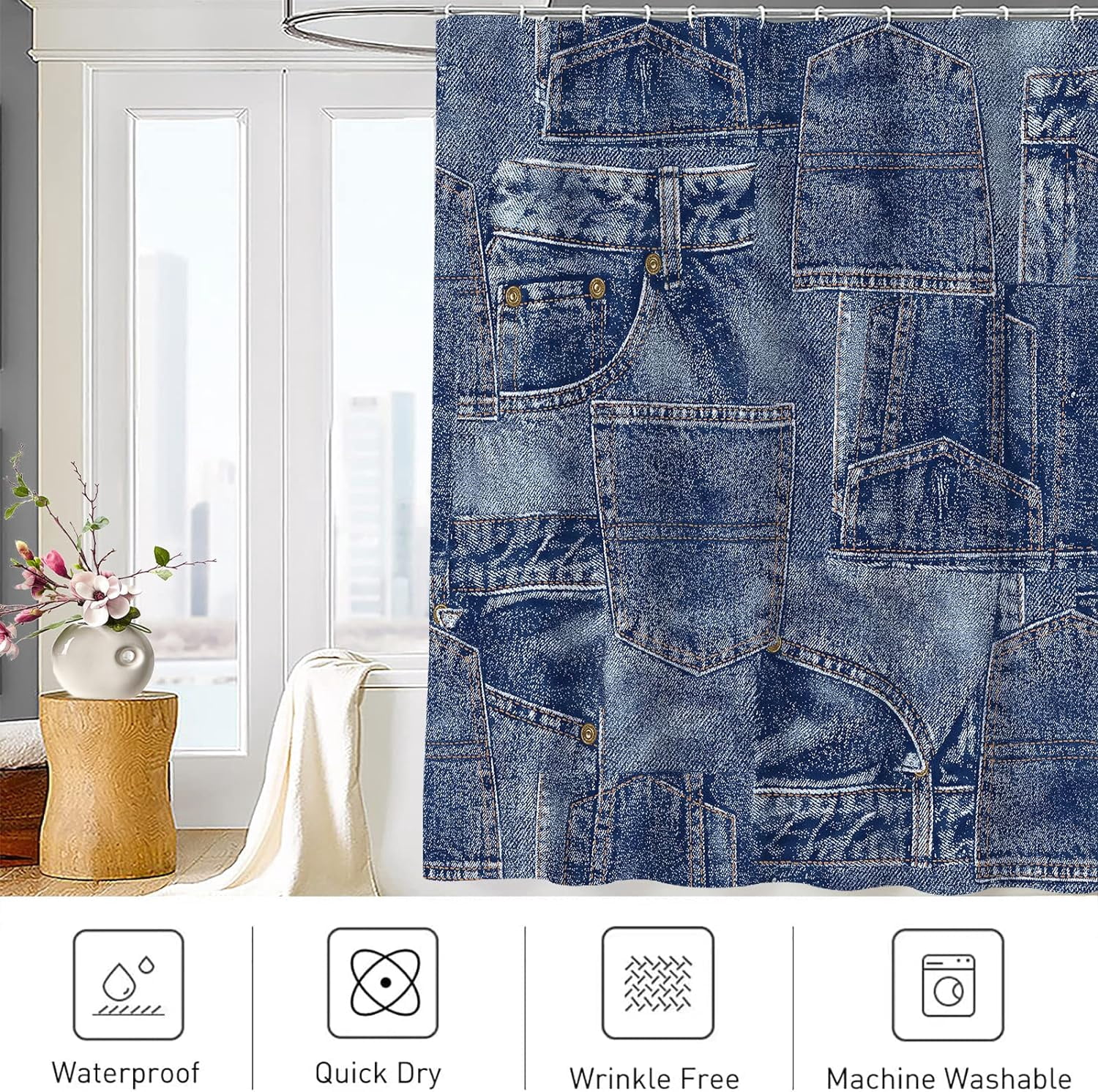 Jeans Denim Material Patchwork Real Seems Polyester Fabric Shower Curtain Sets with Hooks Waterproof Bathroom Decor