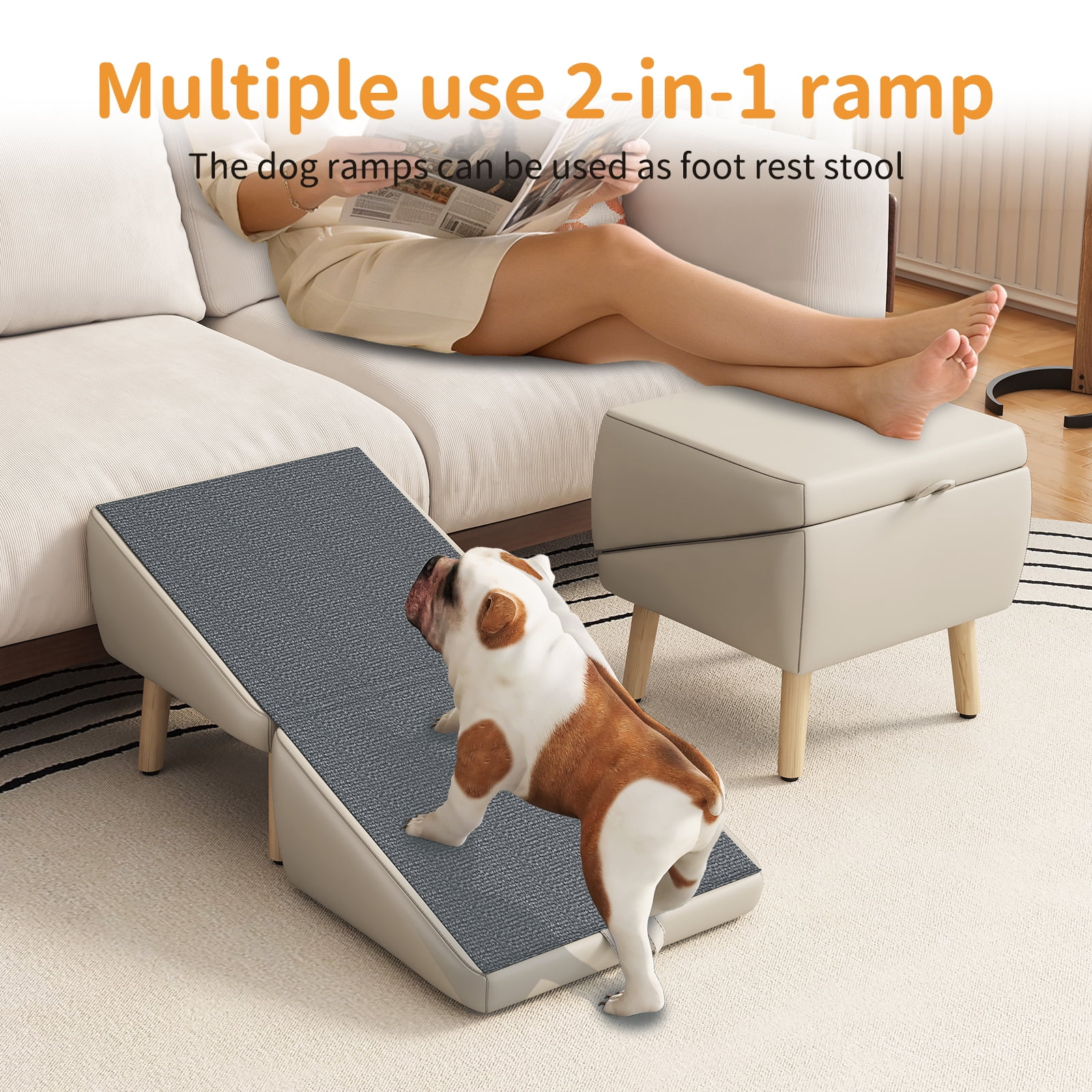 2-in-1 Foldable Wooden Dog Stairs Ramp, Split Ottoman Pet Steps for Small Dogs Cats, Non-Slip Gentle Incline Pet Ramp for Couch Bed, Joint Friendly Design for Puppy Senior Injured Pets