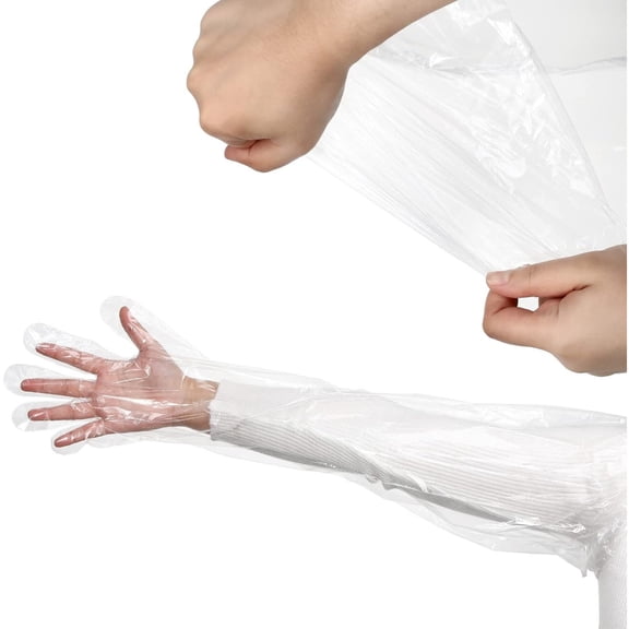 50Pcs Disposable Long Plastic Gloves,33.5In Clear Field Dressing Gloves,Durable Veterinary Gloves for Veterinarians Deer Cleaning