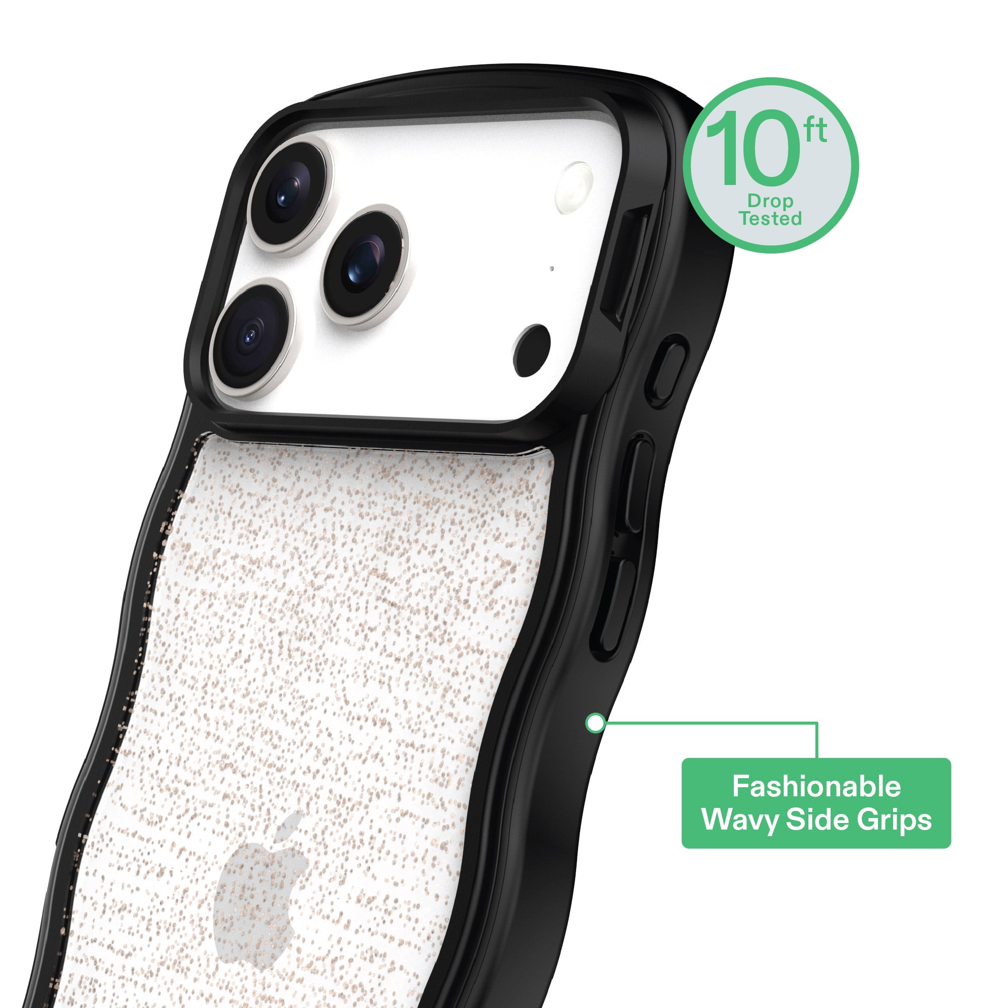onn Wavy Grip Phone Case for iPhone 17 Pro Max - Black/Gold Glitter