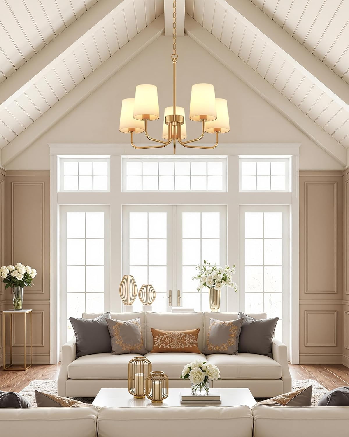 25" Farmhouse Chandelier with Fabric Shade,5-Light Chandelier Lighting Fixture for  Kitchen, Dining Room，Gold