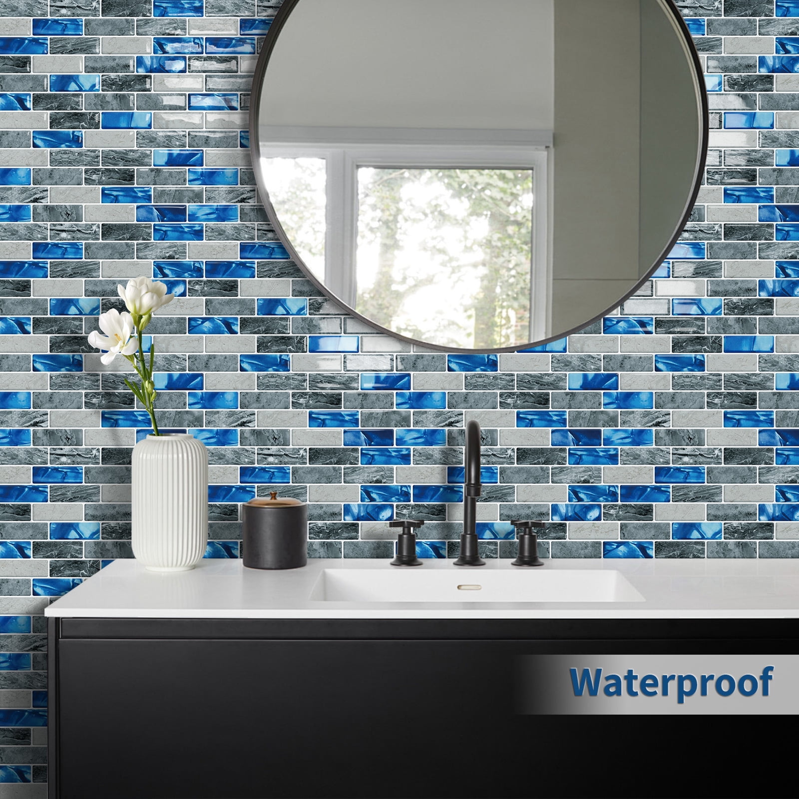 DEWOO Blue Peel and Stick Tile Backsplash, 3D Adhesive Peel and Stick Tile Backsplash for Kitchen, Bathroom, Wall Tile, 10-Sheet (12"x 12")