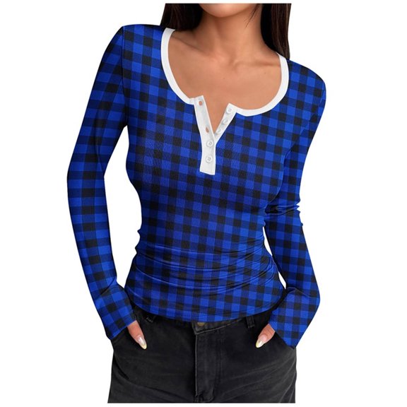 Craaazy Women Tops Long Sleeve Striped Tops V-Neck Button Blouse Square Check Print Fall Basic Tees Casual T Shirts Slim Fit Gifts