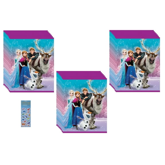 Disney Frozen Elsa Anna Birthday Party Supplies Bundle includes 24 Plastic Party Favor Loot Bags 6.5" x 9" and 1 Dinosaur Sticker Sheet