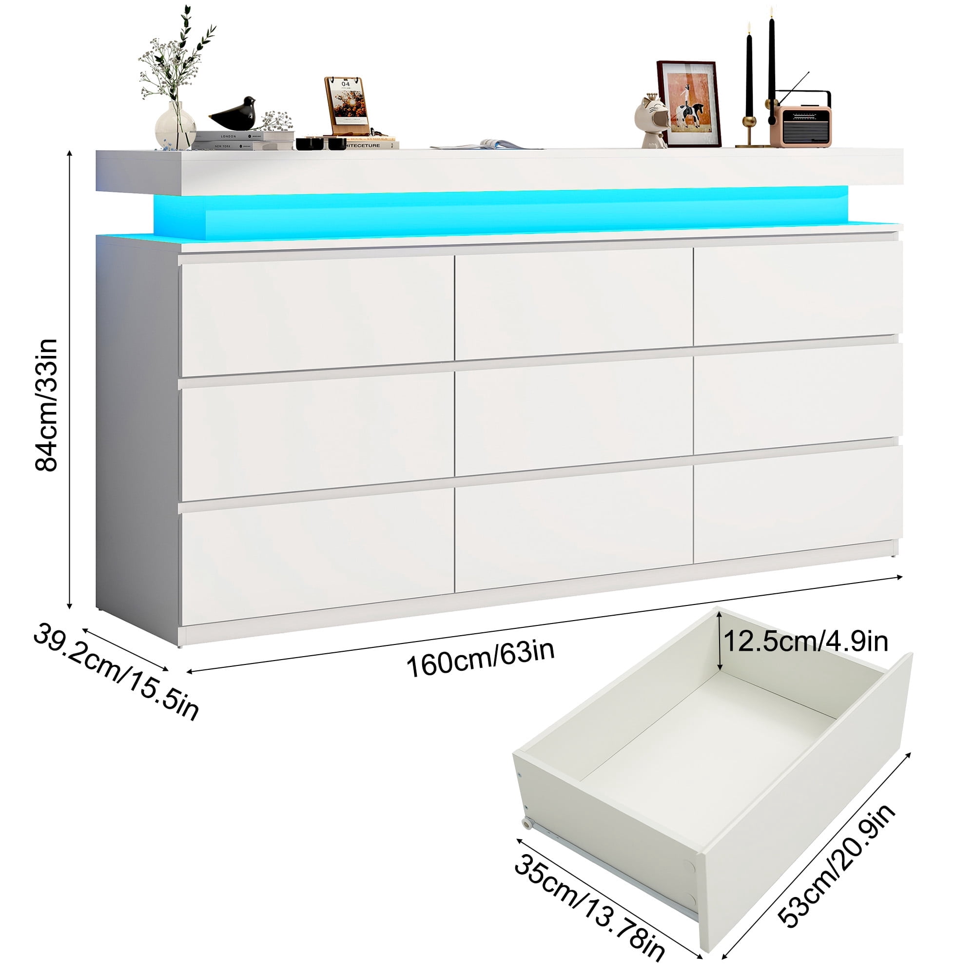 ChVans White 9 Drawer Dresser with LED Lights, 63" Wide Modern Wood Chest of Drawers with Charging Station & Handle Free, LED White Dresser for bedroom, Living Room, Entryway, Hallway